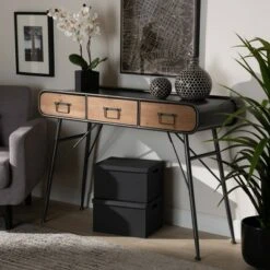 3 Drawer Santo Metal and Oak Finished Wood Console Table Black/Walnut Brown - Baxton Studio -Console Tables Sales unnamed file 2282