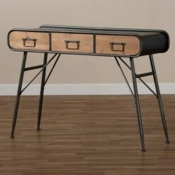 3 Drawer Santo Metal and Oak Finished Wood Console Table Black/Walnut Brown - Baxton Studio -Console Tables Sales unnamed file 2283