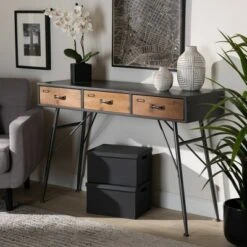 3 Drawer Ariana Wood Metal Console Table Black/Walnut Brown - Baxton Studio -Console Tables Sales unnamed file 2521