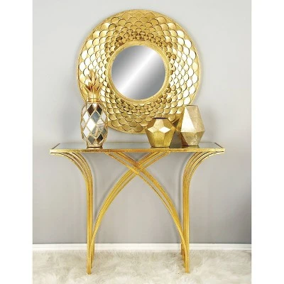 Metal and Mirror Art Deco Console Table Gold - Olivia & May 4 Metal and Mirror Art Deco Console Table Gold - Olivia & May - Image 2