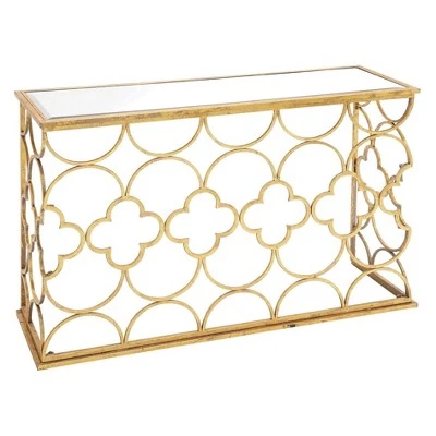 Metal and Mirror Quatrefoil Pattern Console Table Gold - Olivia & May 3 Metal and Mirror Quatrefoil Pattern Console Table Gold - Olivia & May