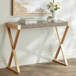 55 Downing Street Modern Gold Rectangular Console Table39" x 16" Gray Wood Tabletop X-Frame Legs Living Room Home Bedroom House