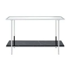 Console Table with Mirror Top and Faux Marble Open Bottom Shelf Silver/Black - Benzara