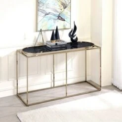 Denban Faux Marble Sofa Table - miBasics White Marble/champagne