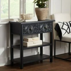 55 Downing Street Country Cottage Wood Console Table 31 1/2" x 13 3/4" with Drawer Black for Living Room Bedroom Bedside Entryway