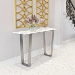 Modern Rectangular Faux Marble Console Table - Stone, Brushed Stainless Steel - Zm Home -Console Tables Sales unnamed file 5707