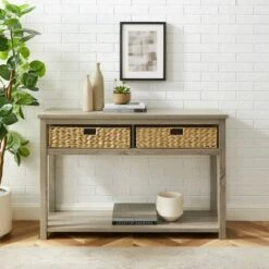 Mission Entry Table with Woven Baskets - Saracina Home Rustic Oak