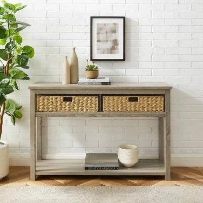 Mission Entry Table with Woven Baskets - Saracina Home Rustic Oak 3 Mission Entry Table with Woven Baskets - Saracina Home Rustic Oak