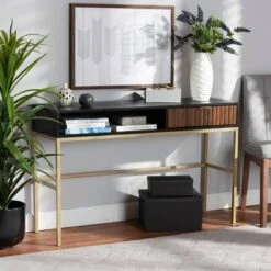 Uriel Two-Tone Wood and Metal 1 Drawer Console Table Natural Brown/Black/Gold - Baxton Studio -Console Tables Sales unnamed file 818