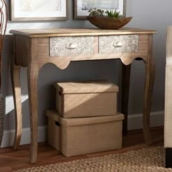 2 Drawer Clarice Natural Finished Wood and Metal Console Table Brown/Gold - Baxton Studio -Console Tables Sales unnamed file 886